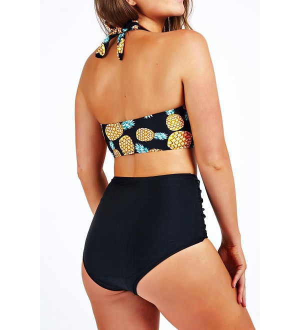 Women S Pineapple Printing Vintage High Waisted Halter Padded Bikini