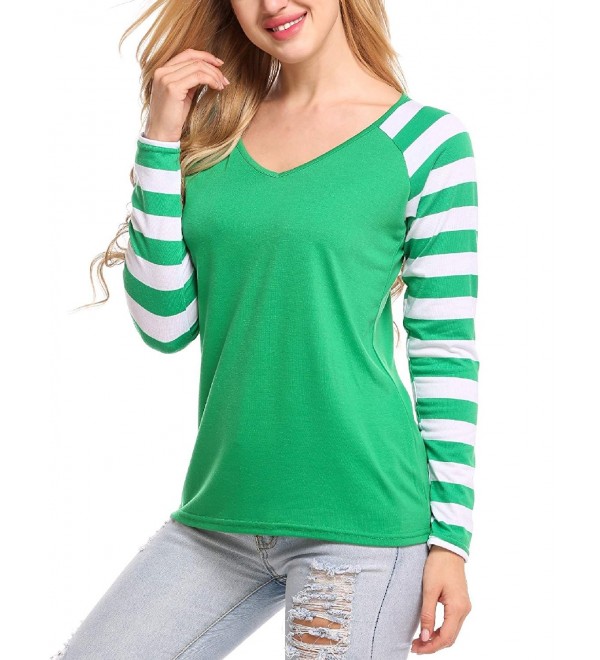 Women Casual Striped Long Raglan Sleeves V Neck Baseball Tee T Shirt