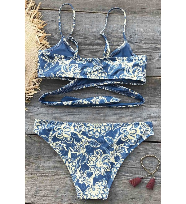 Fashion Women S Floral Printing Crisscross Halter Padding Bikini Set