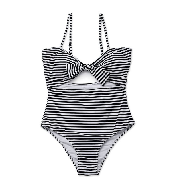 Striped Front Bow One Piece Swimsuit- Cut Out Bathing Suits For Women ...