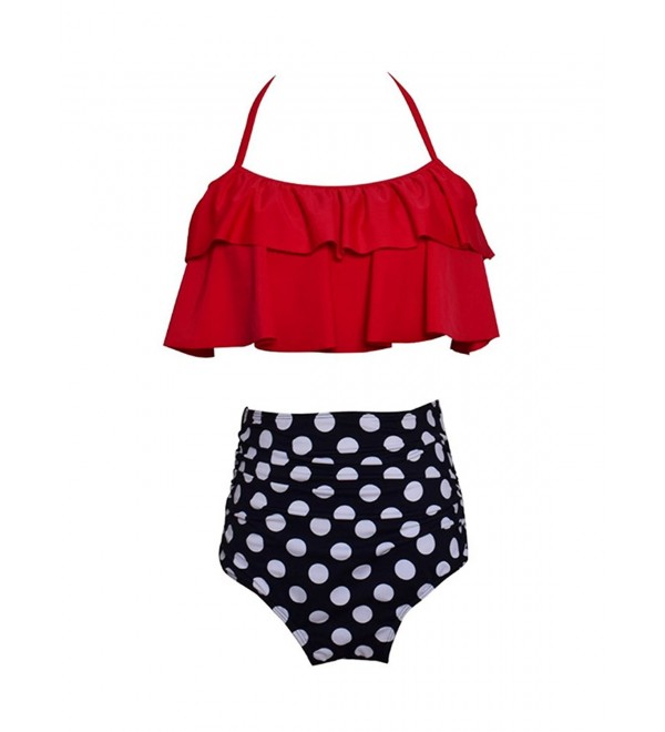 Womens High Waisted Swimsuits Floral Ruffle Falbala Bikini Set - Red ...