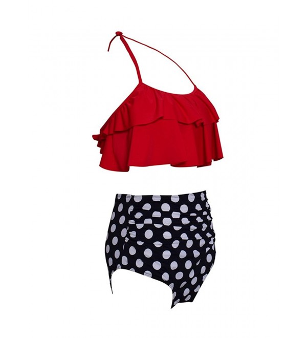 Womens High Waisted Swimsuits Floral Ruffle Falbala Bikini Set - Red ...