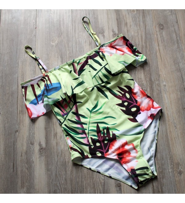 Women One Piece Vintage Floral Trees Printed Swimsuit Off Shoulder ...