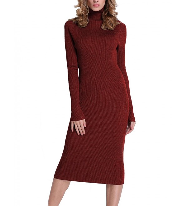 Women's Turtleneck Ribbed Elbow Long Sleeve Knit Sweater Dress - Red ...