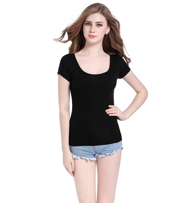 Womens Basic Solid Stretch Scoop Neck Short Sleeve T-Shirt Blouse ...