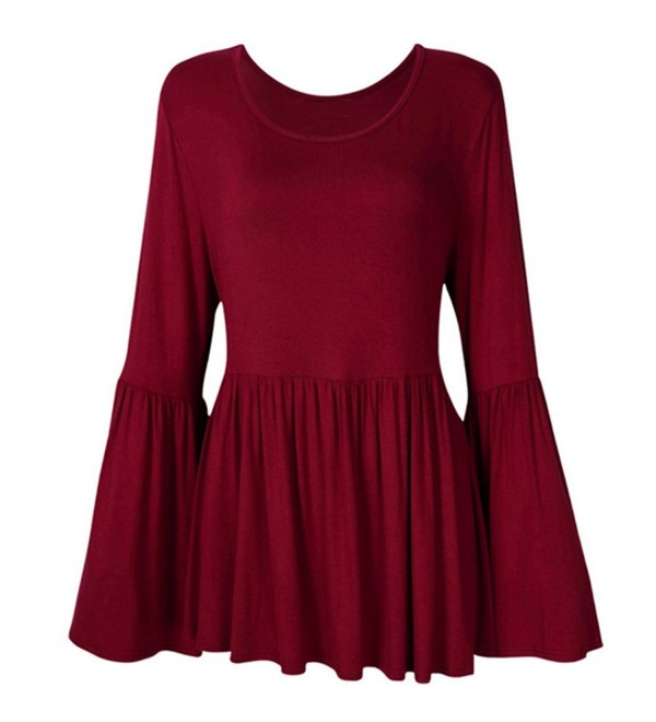 Women Plus Size Flare Sleeve Ruffled Hem Casual Blouse Tops - Wine Red ...