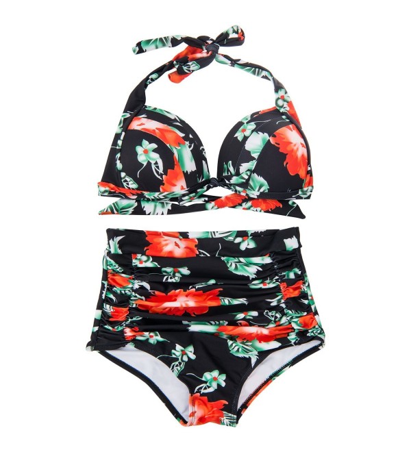 Women's Retro Halter Floral High Waist Bikini Swimwear Two Piece ...
