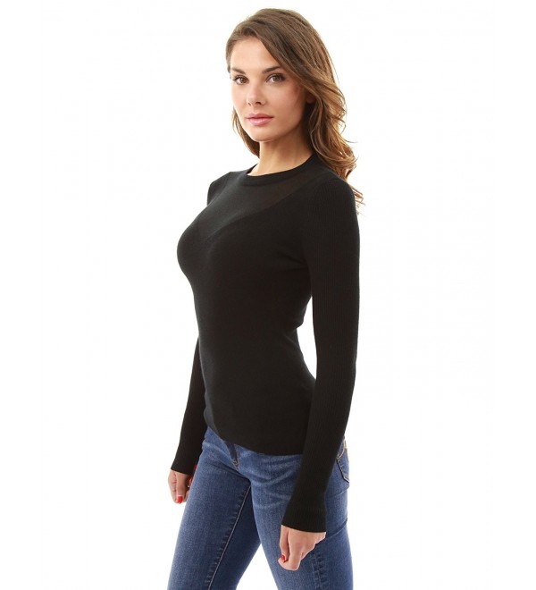 Women's Crewneck Semi-Sheer Inset Sweater - Black - CJ12MZP6W95
