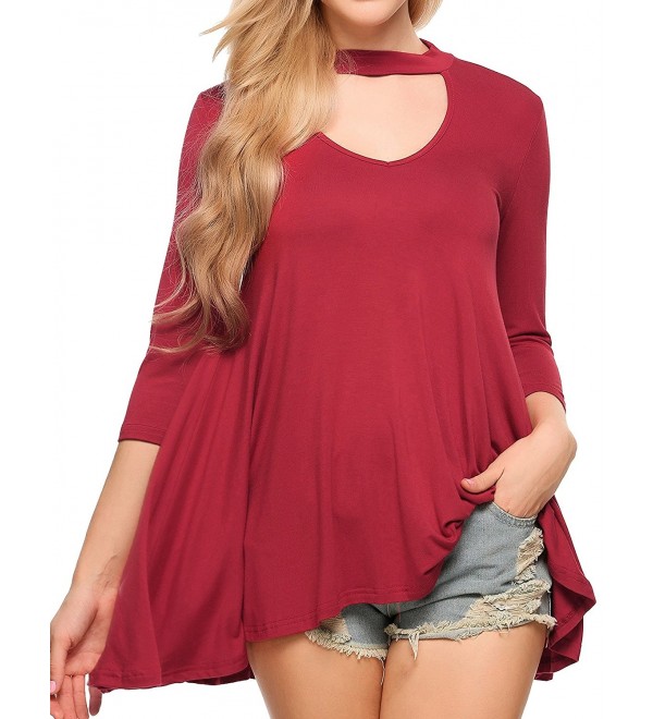 Women's Choker Cutout Neck Long Sleeve Loose Tunic Tops S-XXL - Wine ...