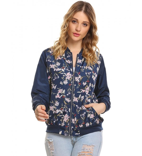 Women Casual Long Sleeve Collar Zip Up Floral Print Bomber Coats Jacket ...