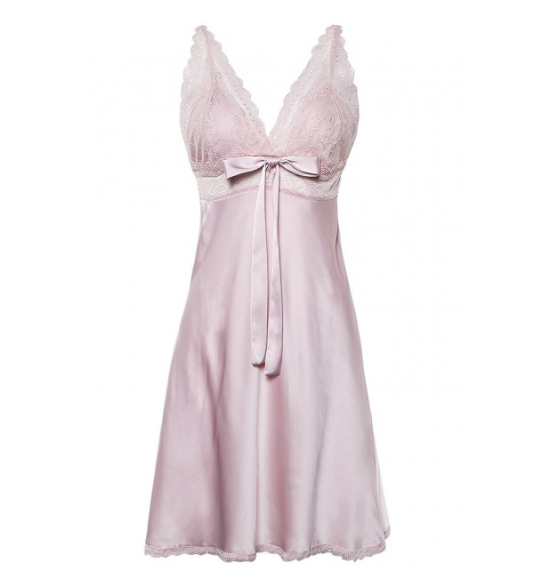 Women's Satin Lace Full Slip Chemise Silk Nightgown Sleepwear - Pink ...