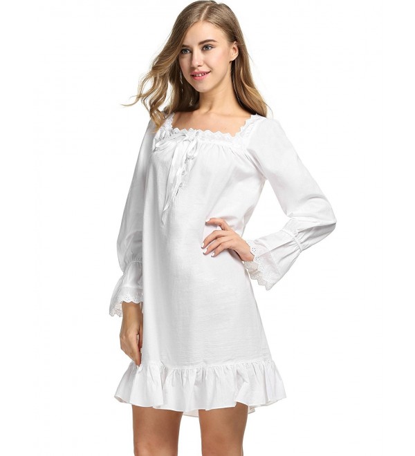 Women's Cotton Long Sleeve Sleepwear Victorian-Style Nightgown - A ...
