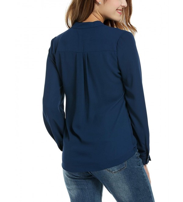 Women Long Sleeve Causal V Neck Chiffon Henleys Shirt Blouse Top - Navy ...