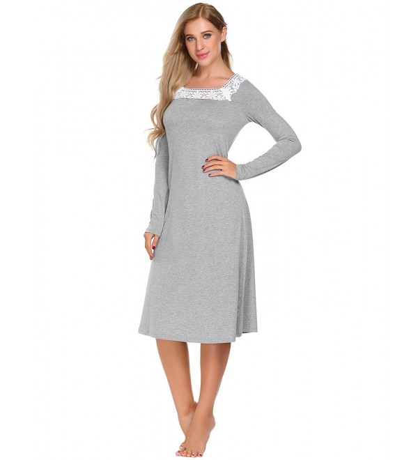Womens Long Sleeve Sleepwear Nightgown Lace Trim Button Up Slip Dress ...