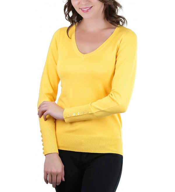 Women's Button Detail Long Sleeve V-Neck Sweater - Yellow - CT186ILA3G9
