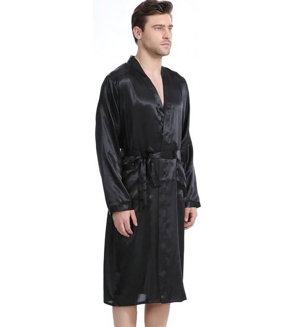 Men's Robe Long Satin Bathrobe Lightweight Nightwear Loungewear - Black ...