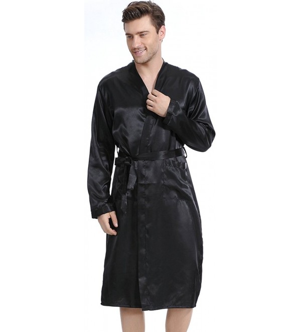 Men's Robe Long Satin Bathrobe Lightweight Nightwear Loungewear - Black ...