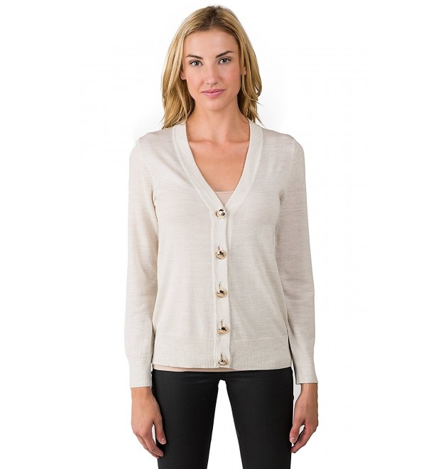 Women's 100% Merino Wool Long Sleeve V Neck Button Cardigan Sweater ...