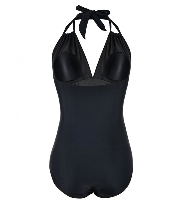 Women's One Piece Swimsuit Deep V Plunge Halter Bathing Suit - Black ...