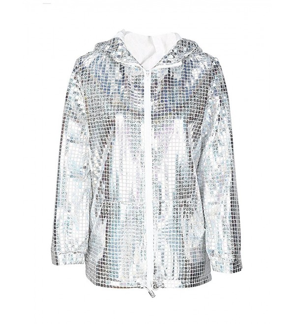 Women Shimmer Silver Sequins Oversize Hooded Zipper Up Jacket - Silver ...