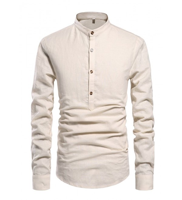 Men Henley Neck Long Sleeve Daily Look Linen Shirts - 01 Beige ...