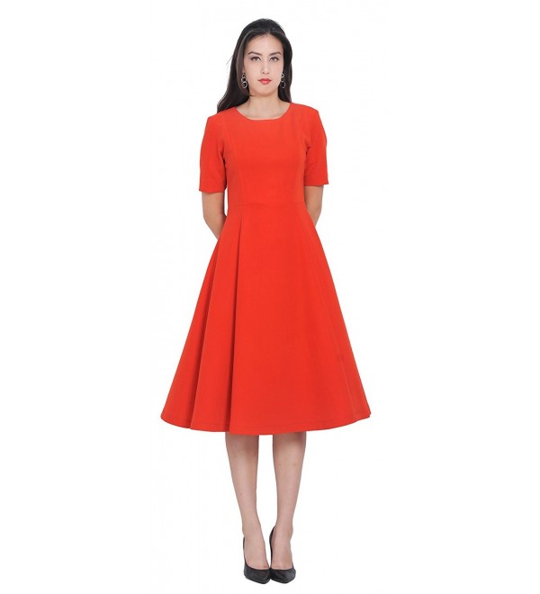 Womens Modest Fit Flared Work Office Lined Midi Dress - Red - CI123VWMP7V