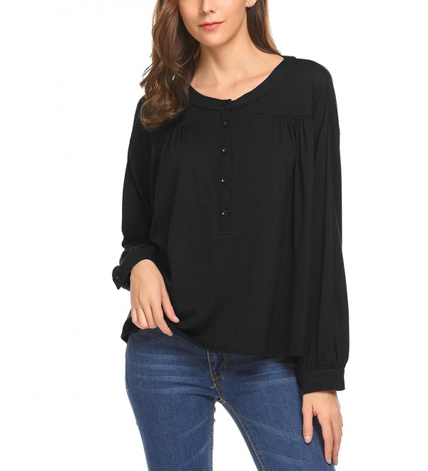 Women's Casual Long Sleeve Blouse Loose Fit Button Down Pleated Shirts ...