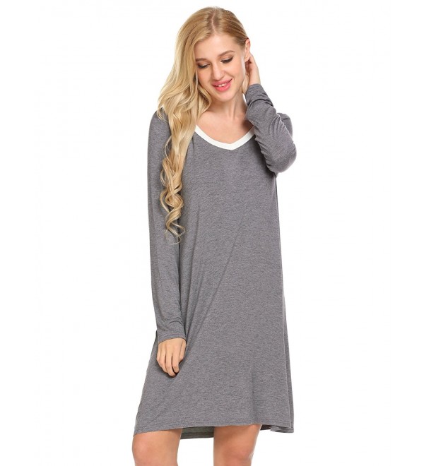 Womens Nightshirt Long Sleeves V Neck Nightgown Sleepwear S-XXL - Grey ...