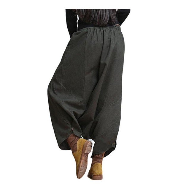 Women's Green Cotton Linen Harem Pants With Elastic Waist Trousers ...