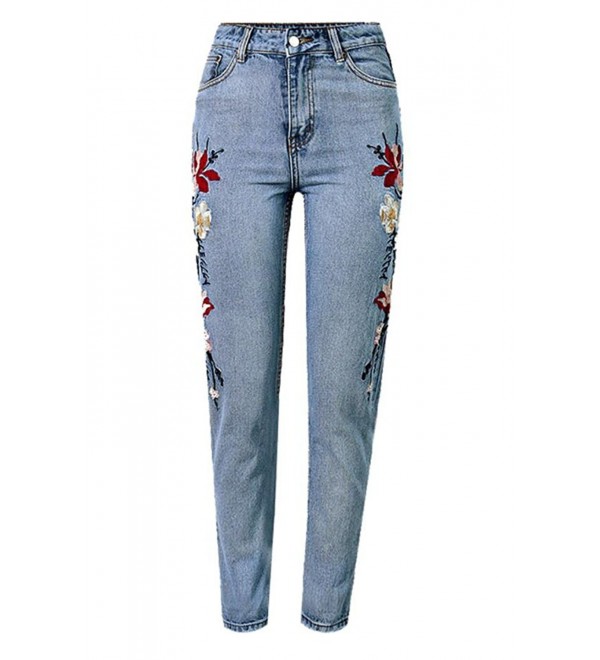 Women's High Waist Embroidered Crop Jeans Blue - C2183Q28S0I