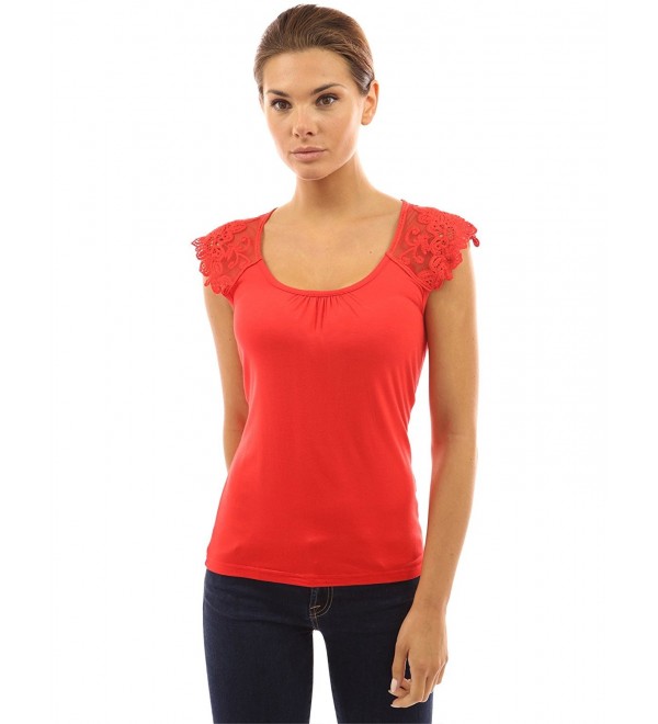 Women's Floral Lace Crochet Shoulder Sleeveless Top - Red - CL119GYA4KN