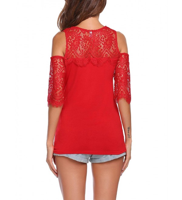 Women Cold Shoulder Lace Blouse Casual Slim Fit Sexy Sheer Top Shirts Red Cg1855c9y0c