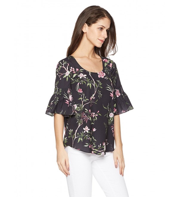 Women's Shirred Short Sleeve Round Neck Woven Blouse - Floral Print ...
