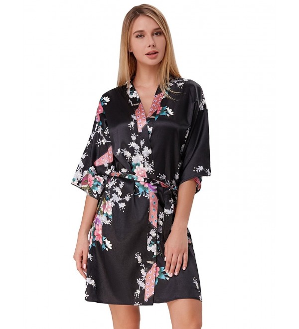 Women Kimono Robes Peacock and Blossom Print Silk Short Sleep Robe ...