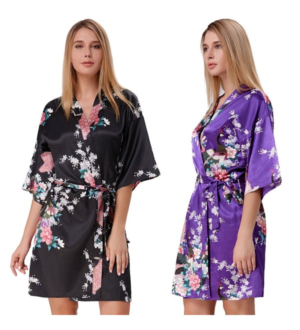 Women Kimono Robes Peacock and Blossom Print Silk Short Sleep Robe ...