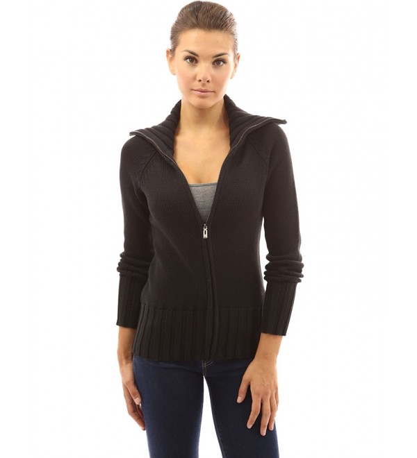 Women's Collar Full Zip Cable Knit Sweater Cardigan - Black - C011PI2SGOT