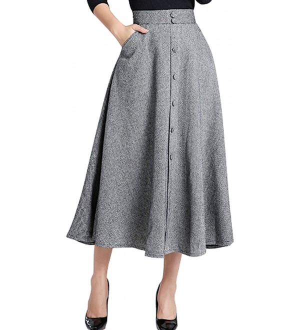 Woman's Vintage High Waist Front Button Long Skirt With Pockets - Grey ...
