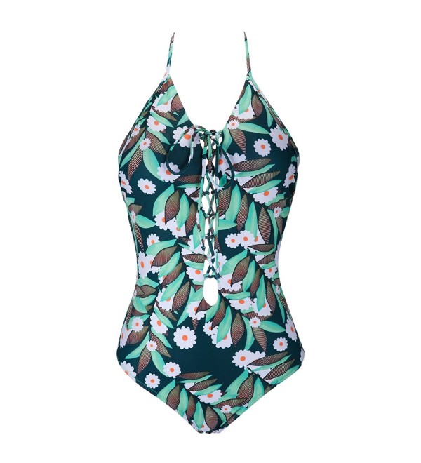 Tropical Print Lace Up Plunge One Piece Swimsuit- Padded Backless ...