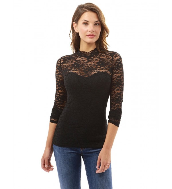 Women's Floral Lace Mock Neck Inset Sweetheart Blouse - Black - C912MBS3QRT