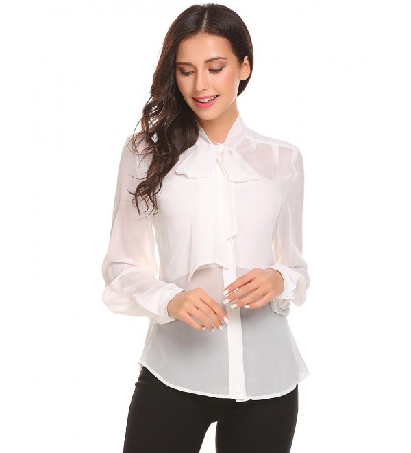 Women's Casual Sheer Chiffon Bow Tie Neck Long Sleeve Blouse Solid Tops ...