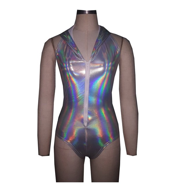 Summer Musical Festival Rave Clothes Holographic Hooded Bodysuit Romper ...