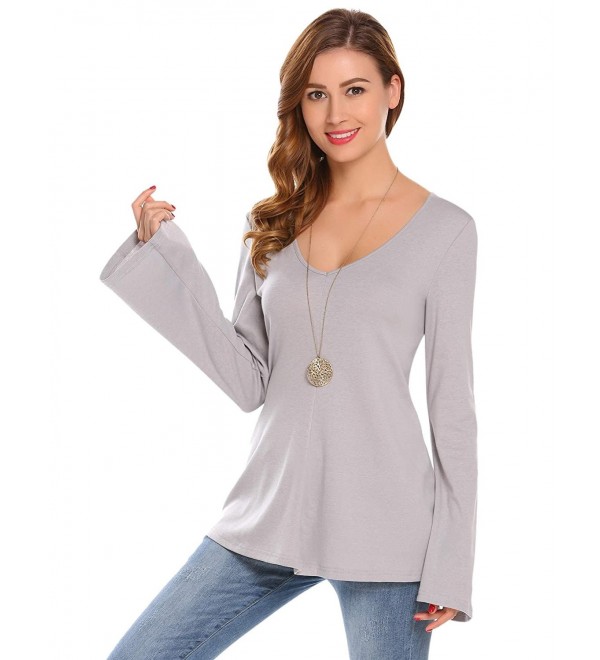 Women's V Neck Flare Long Sleeve Casual Loose Fit Tunic Tops - Grey ...