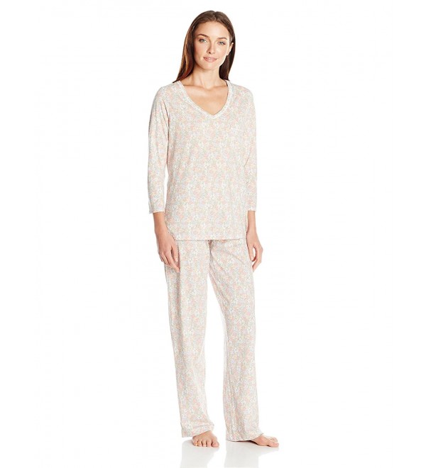 Women's 3/4 Sleeve Novelty Print Pajama - Clustered Floral - C012FDBTJE5