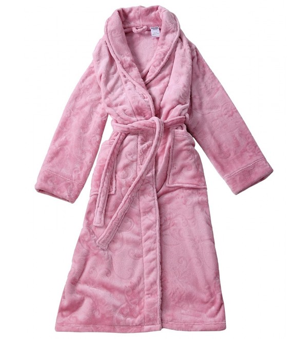 Women's Pink Bath Robe - Warm Embossed Fleece Shawl Collar & Wrap Front ...