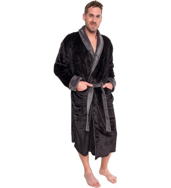 Mens Two Tone Plush Shawl Collar Kimono Bathrobe Robe - Black & Grey ...