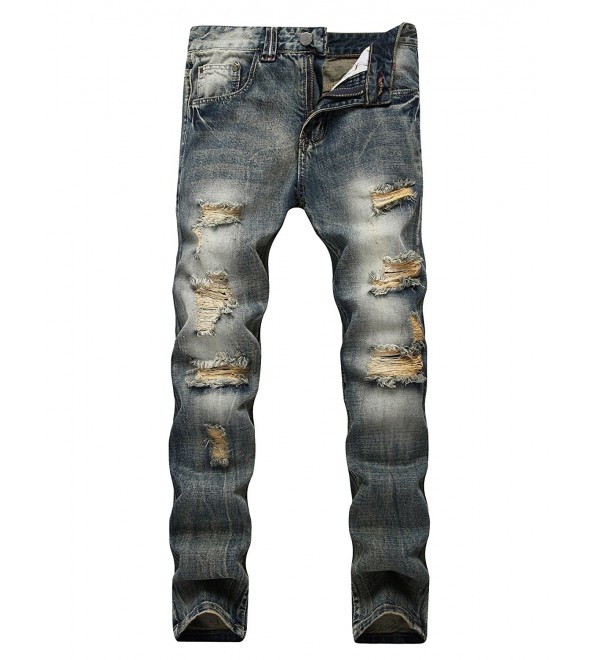 Men's Ripped Distressed Destroyed Straight Fit Washed Denim Jeans ...