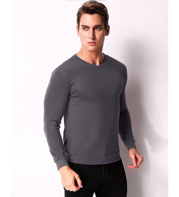 Men's Long Sleeve V Neck Tee Shirts Polyester Casual Solid Color Tops ...