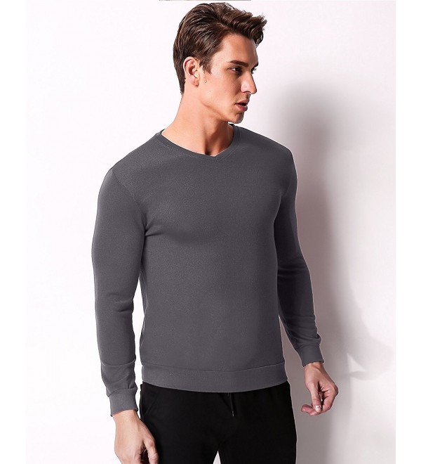 Men's Long Sleeve V Neck Tee Shirts Polyester Casual Solid Color Tops ...