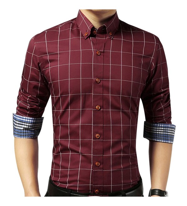 Men's Plaid Long-Sleeve Button Down Dress Shirt - C11 Wine Red ...