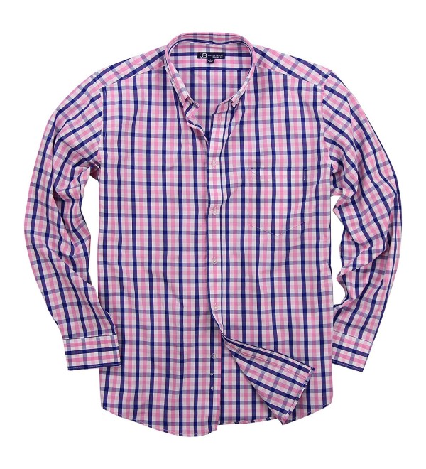 Men's 100% Cotton Plaid Long Sleeve Shirt - Pink/White/Blue - C7189QR73WW